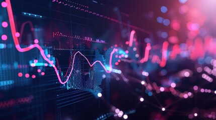 Dynamic Financial Visualization with Abstract Waves and Data Points on Dark Background