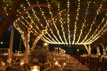 enchanting outdoor wedding reception twinkling string lights create a magical canopy elegant table settings glow with candlelight romantic terrace ambiance