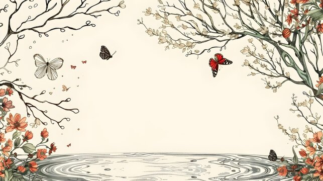 Delicate Botanical Border Design with Vacant Central Space for Mockup