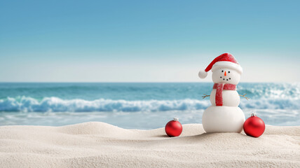 Sand Snowman with Christmas Decorations on the Beach with copy space