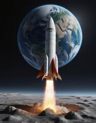 Naklejka premium Rocket taking off from an unknown planet with the globe in the background..