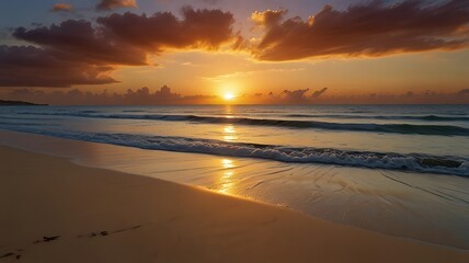 This panoramic photograph captures the serene beauty of a tropical beach at sunset. Generative Ai.