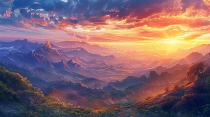 A breathtaking sunrise over a majestic mountain range. The sky is ablaze with vibrant hues of orange and yellow, casting a warm glow over the landscape.