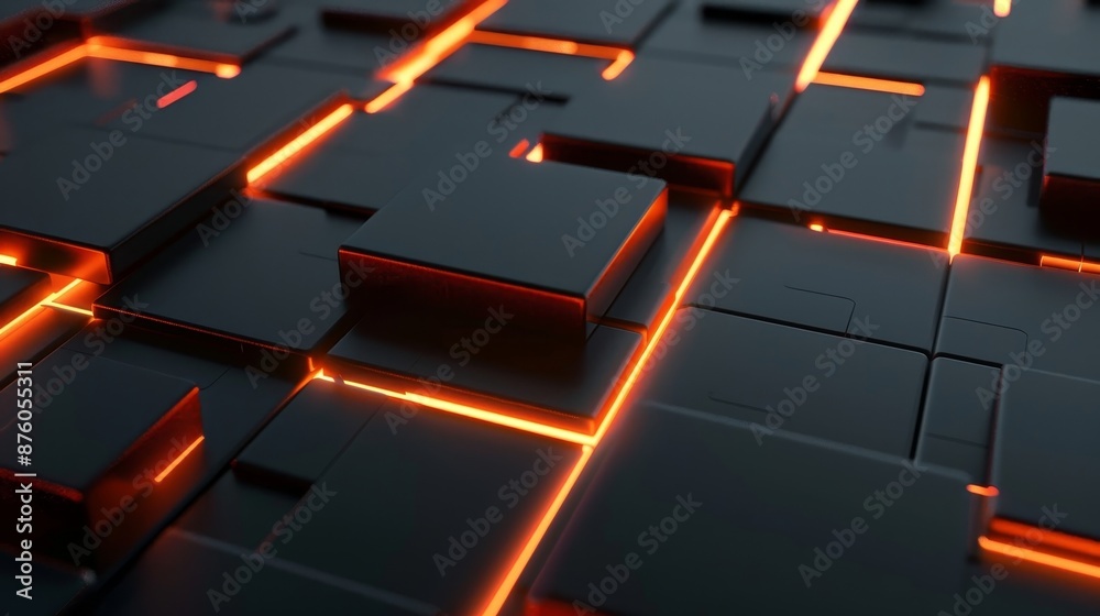 Poster 3d animation of dark blocks with red glowing lines