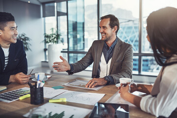 Business people, meeting or manager speaking of graphs for results, teamwork or charts for revenue growth. Happy, feedback or financial analyst talking for planning strategy, paperwork or sales data