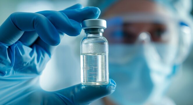 A gloved hand holds a medicine bottle, with a doctor in the background.