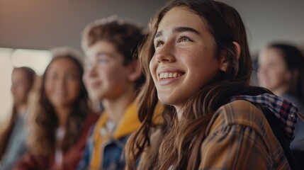 Fototapeta premium A happy girl attending a school assembly with friends, highlighting enthusiasm and engagement in a school setting.