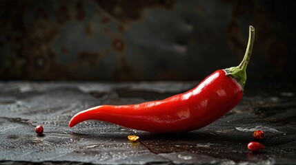 Fiery Red Chili Pepper Close-up with Dark Textured Background and Soft Lighting