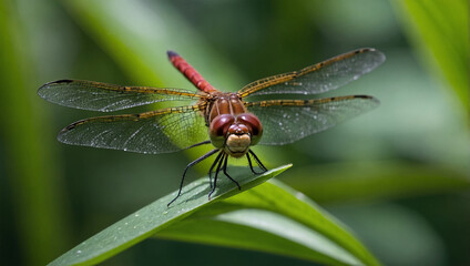 Dragonfly perched on a green leaf