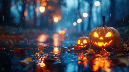 Fototapeta premium Glowing Jack-O'-Lanterns on a rainy Halloween night, with wet leaves and streetlights creating a spooky and atmospheric scene.