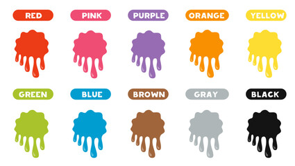 Vector illustration of cartoon paint blobs with names. Worksheet for kids.