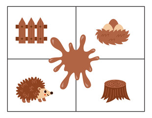 Learning colors for kids. Brown color flash card. Educational material for children. Set of objects in brown color.