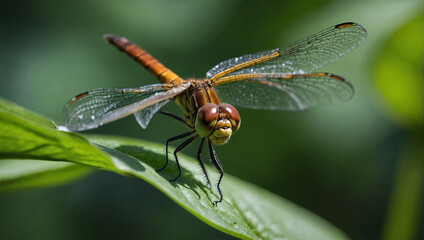 Dragonfly perched on a green leaf
