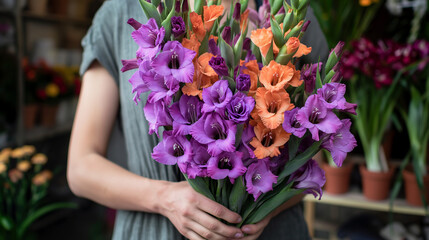 One hand holding a large bouquet of purple and orange pionies made by a florist. modern long shape, modern look. coffeeshop