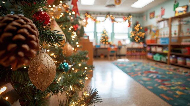 Close-up of Christmas tree decorations with lights in a festive classroom setting, creating a warm and joyful holiday atmosphere.