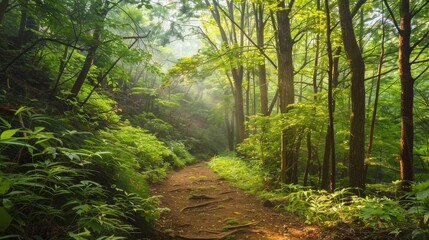 Obraz premium A sunlit path winds through a lush green forest, with tall trees and vibrant foliage.
