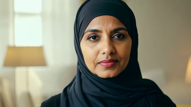 Smiling pretty muslim woman wear black hijab. Middle eastern girl portrait. Religious lady look at camera. Beautiful female arab person face closeup. Happy arabian model concept. Home background.