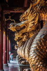 majestic golden dragon sculpture coils around pillars. Its fierce gaze captures the essence of myth and legend, with intricate scales and claws