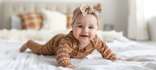 Fototapeta premium A baby girl wearing a striped onesie smiles while lying on a white bed.