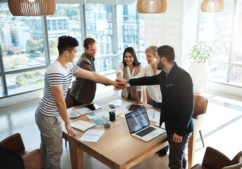 Business people, finance or hands together for collaboration, support or meeting for corporate...