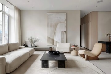 Fototapeta premium minimalist living room featuring clean lines neutral tones and a statement beige sofa large blank wall space ideal for artwork bathed in natural light from unseen windows