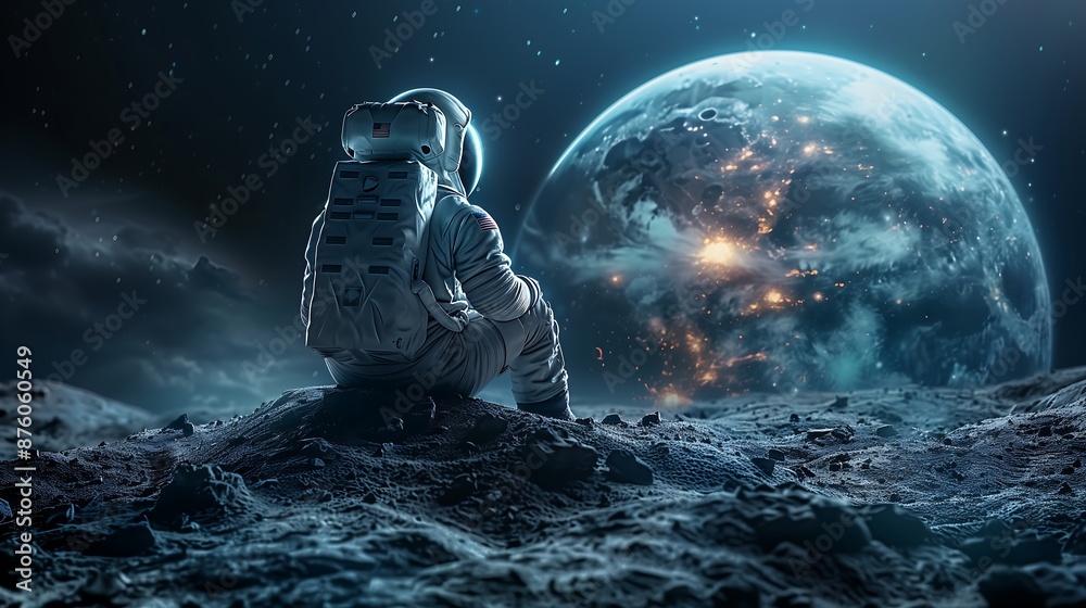 Wall mural an astronaut in space gazes at the earth from the surface of the moon