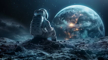 An astronaut in space gazes at the Earth from the surface of the moon