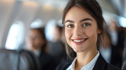 Fototapeta premium Smiling flight attendant on an airplane, exuding friendliness and professionalism, ready to assist passengers during their flight.