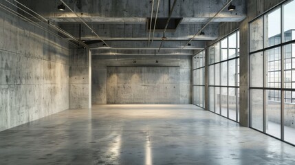 Fototapeta premium modern architectural space featuring concrete walls and floors, designed to evoke an industrial and minimalist aesthetic. Focus on clean lines and simplicity in design, highlighting the