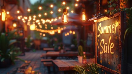 An outdoor cafe decorated with string lights and a sign advertising a summer sale, creating a warm and inviting ambiance.