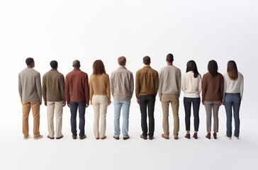 A diverse group of people stands in a row with their backs facing the camera, showcasing unity and diversity