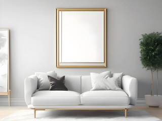 Mockup poster frame on the wall of living room. Luxurious apartment background with contemporary design. Modern interior design. 3D render, 3D illustration.