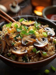 Steaming Bowl of Mushroom Fried Rice Garnished with Fresh Green Onions and Cilantro.