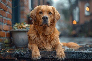 A golden retriever sits calmly on wet stairs beside a street, evoking loyalty, companionship, and the serene joy of a faithful pet keeping watch, even on a rainy day outdoors.