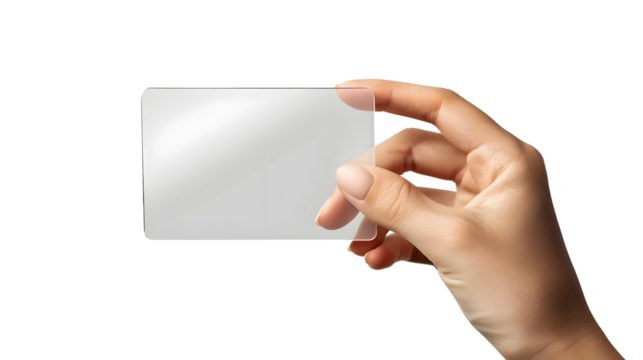 hand holding a blank transparent card isolated png 