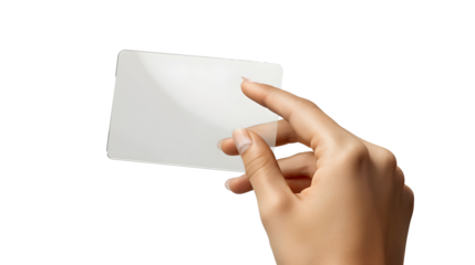 hand holding a blank transparent card isolated png 