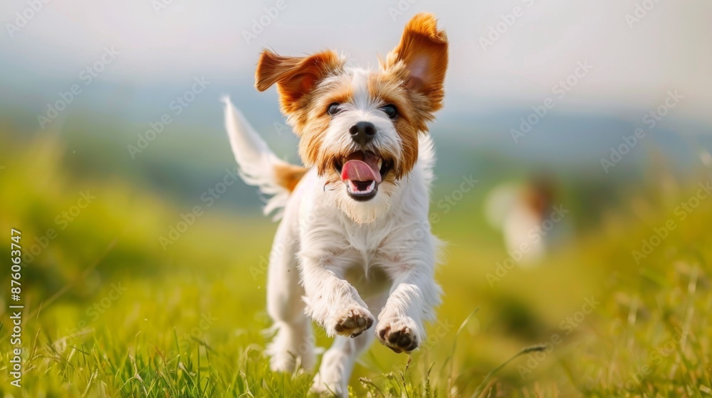 Poster A happy dog running joyfully through a green meadow with ears flapping in the wind.