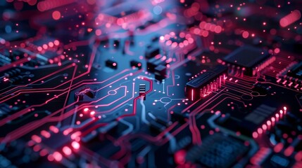 Close-up of a glowing microchip on a circuit board with blue and orange lights