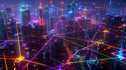 Fototapeta premium A futuristic smart cityscape at night, with 5G and IoT networks represented by a web of colorful neon lines connecting smart infrastructure and devices.