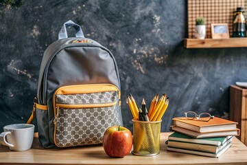 The holiday is on September 1st. A backpack, sneakers, an apple and pencils. Back to school. The concept of a new academic year at school. Autumn Knowledge Day.