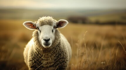 Fototapeta premium A cute, sad sheep, with tears in its eyes, leaving, dynamic pose, close-up view, in an idyllic field background