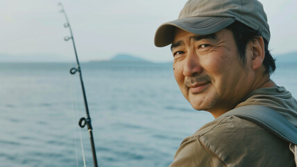 海釣りをする日本の中年男性