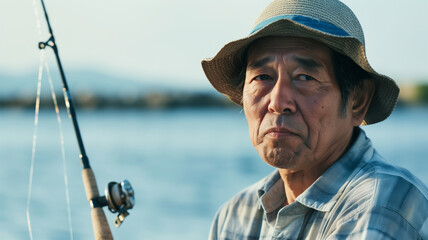 海釣りをする日本の中年男性