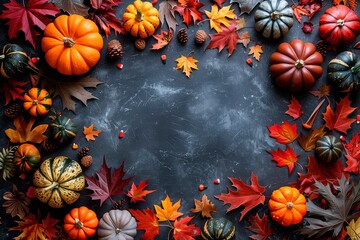 Fototapeta premium Halloween pumpkins on textured surface. Maple leaves. Top view. Copy space. Natural light. Flat lay