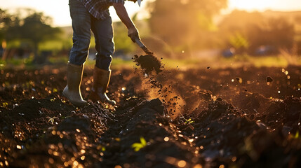 Farmer spreading biochar in field late sunlight highlights texture against soil. Concept Agriculture, Biochar, Field, Farming, Soil Texture