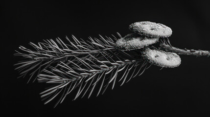 Cookies resting on a pine branch, captured in black and white