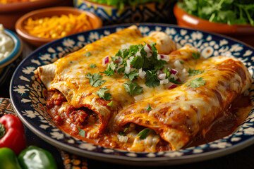Enchiladas Tortillas rolled around a filling (such as meat, cheese, or beans) and covered with a savory sauce, often baked until bubbly