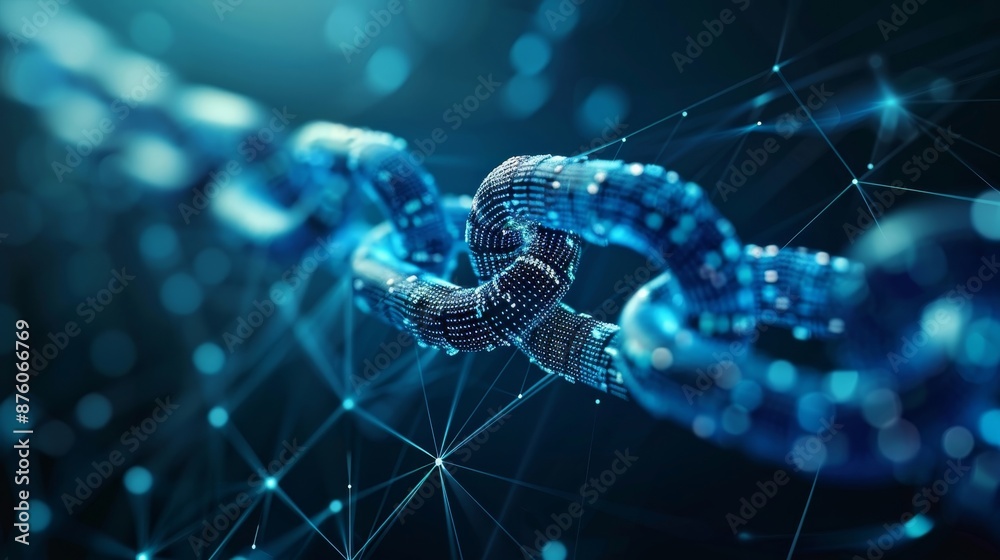 Poster digital blockchain chain links with blue glowing data and circuits