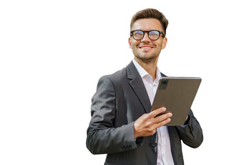 A man is using a tablet, a positive businessman in a suit is smiling and writing a message.  cut out background