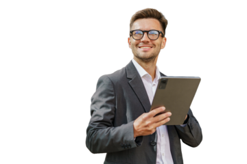 A man is using a tablet, a positive businessman in a suit is smiling and writing a message.  cut out background
